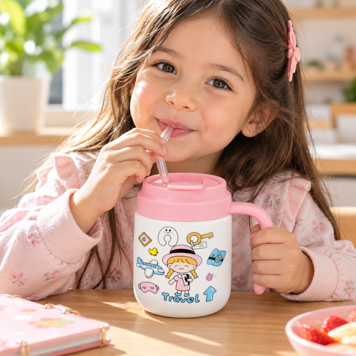 Taza con Tapa y Sorbete de Vidrio 350 ml con Asa – Diseño Infantil