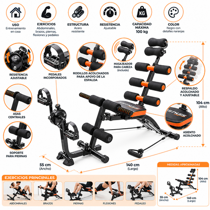 Máquina de Ejercicios Multifuncional con Pedales para Abdominales, Brazos y Piernas