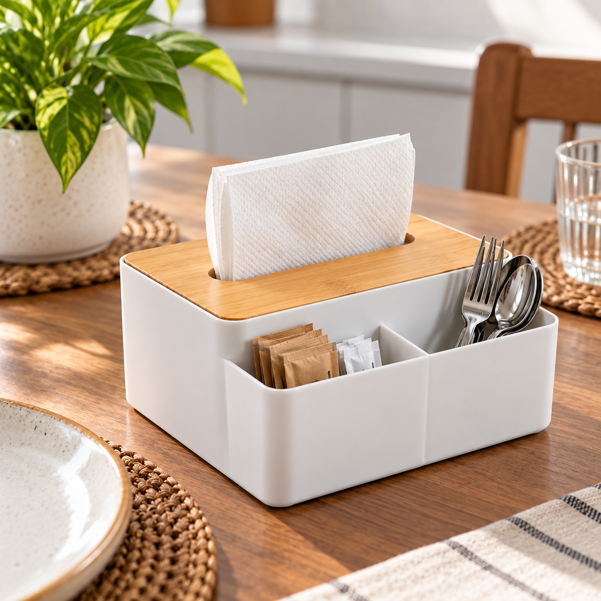Servilletero Organizador de Mesa con Tapa de Bambú y Compartimientos para Cocina
