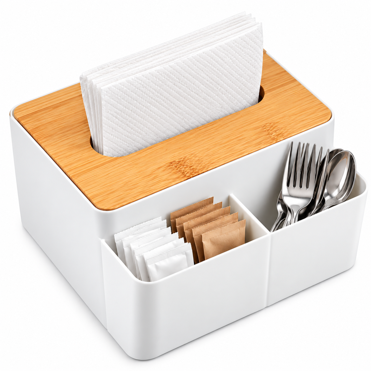 Servilletero Organizador de Mesa con Tapa de Bambú y Compartimientos para Cocina