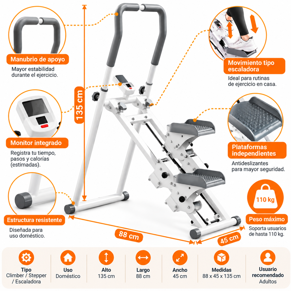 Máquina Escaladora Climber Stepper para Ejercicio en Casa con Monitor hasta 110 kg