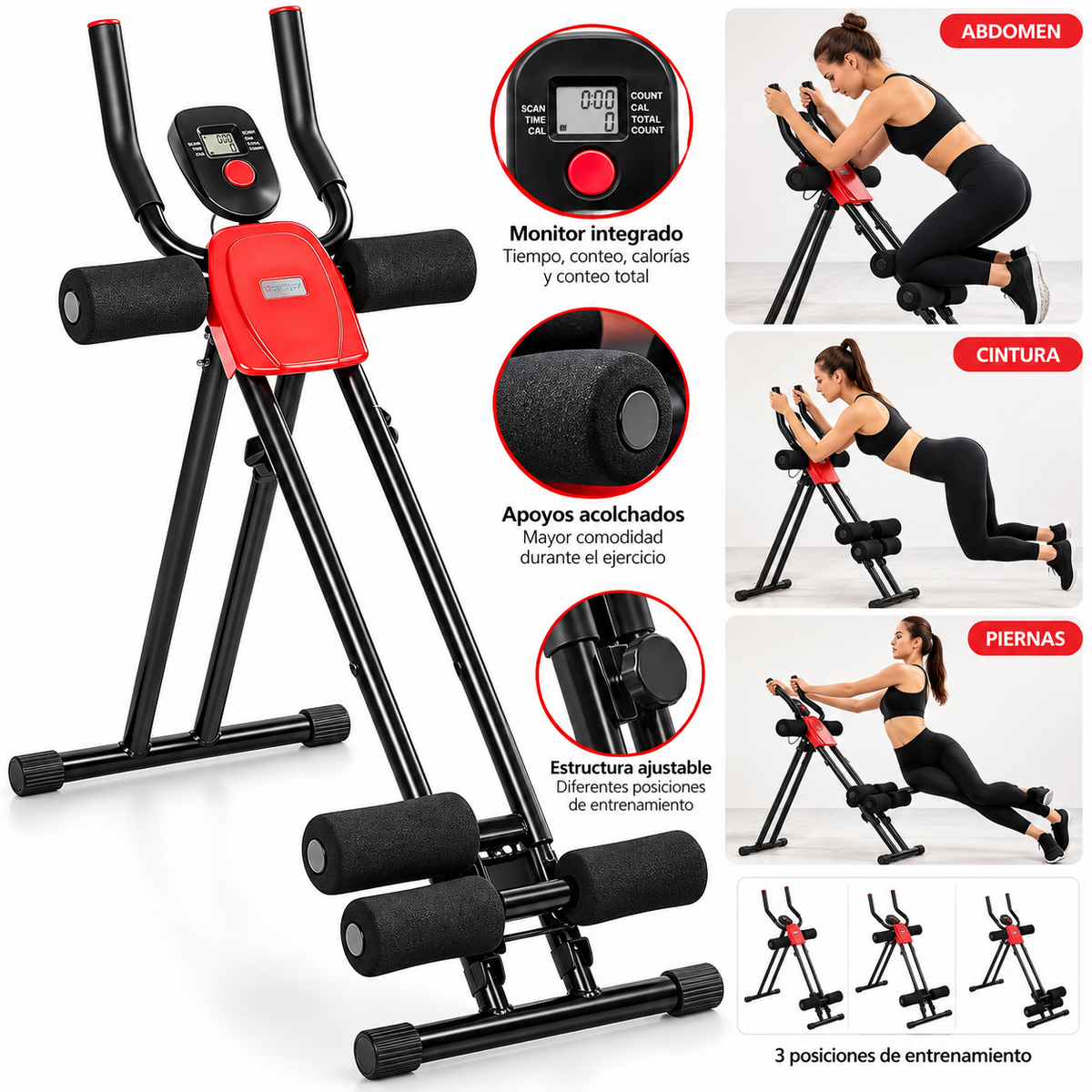 Máquina de Ejercicio Abdominal para Cintura con Monitor y 3 Posiciones