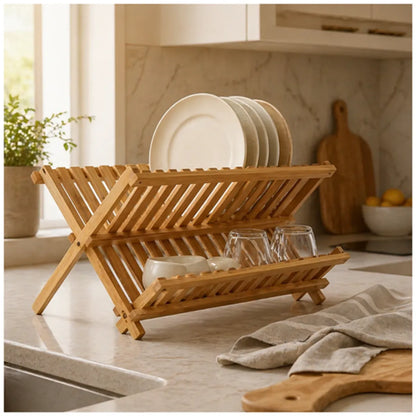 Escurridor de Platos de Bambú Plegable 2 Niveles