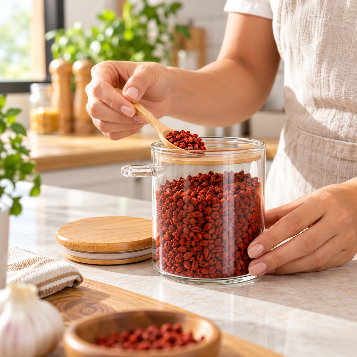 Frasco Pequeño Circular para Especias con Tapa y Cucharita para Cocina