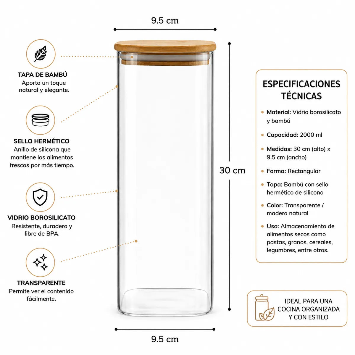 Frasco Hermético de Vidrio con Tapa de Bambú 2000 ml
