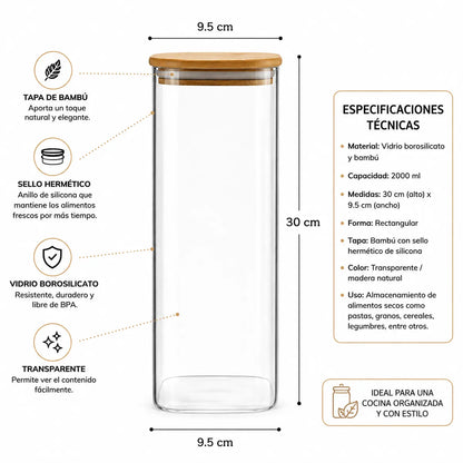 Frasco Hermético de Vidrio con Tapa de Bambú 2000 ml