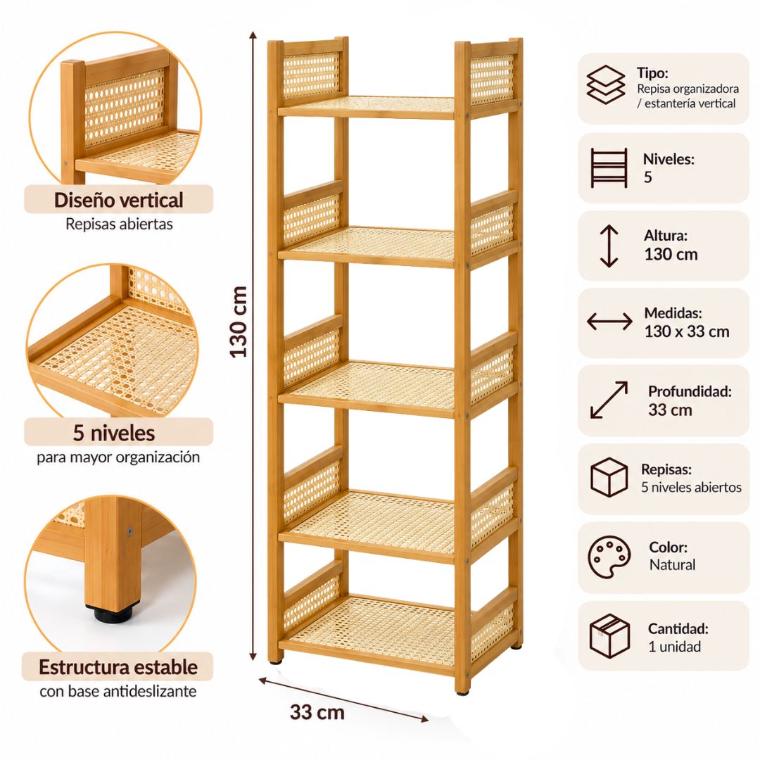 Repisa Organizadora de 5 Niveles 130 x 33 cm para Baño, Dormitorio, Cocina y Hogar