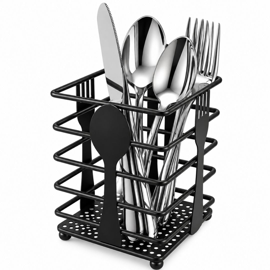 Porta Cubiertos de Metal Negro con Compartimentos para Mesa y Cocina