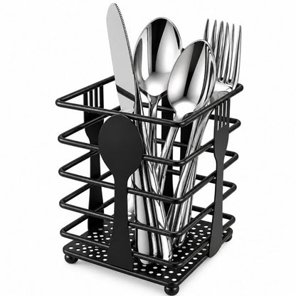 Porta Cubiertos de Metal Negro con Compartimentos para Mesa y Cocina