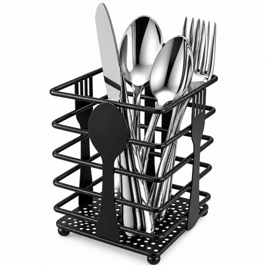 Porta Cubiertos de Metal Negro con Compartimentos para Mesa y Cocina