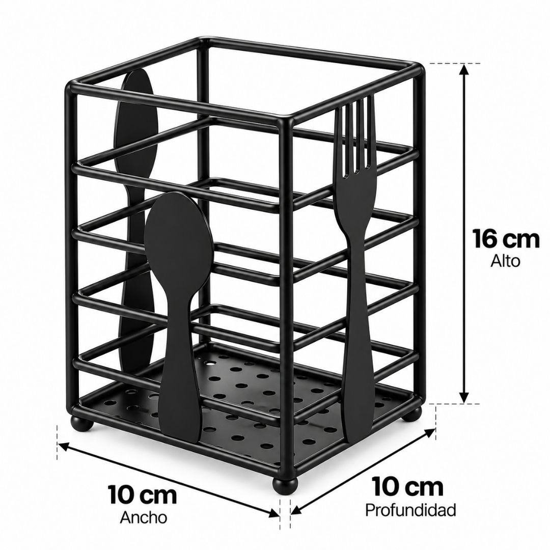 Porta Cubiertos de Metal Negro con Compartimentos para Mesa y Cocina
