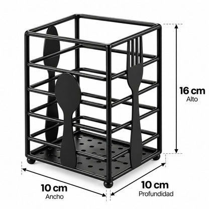 Porta Cubiertos de Metal Negro con Compartimentos para Mesa y Cocina