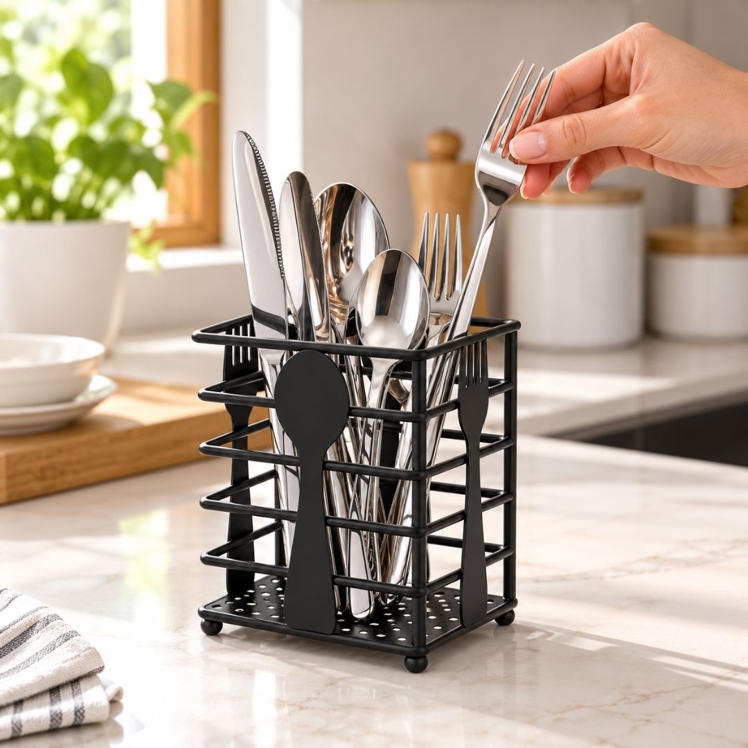 Porta Cubiertos de Metal Negro con Compartimentos para Mesa y Cocina
