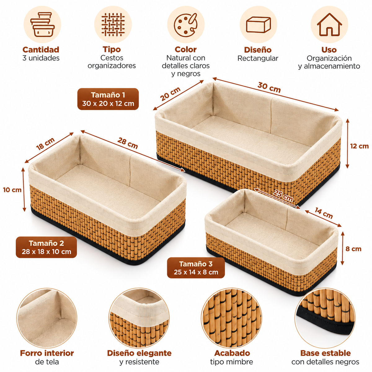 Set x3 Cestos Organizadores Multiuso para Baño, Dormitorio y Cocina en 3 Tamaños