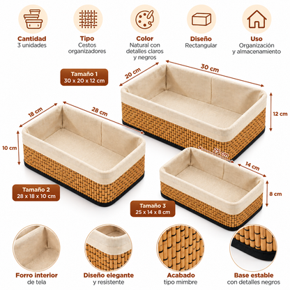 Set x3 Cestos Organizadores Multiuso para Baño, Dormitorio y Cocina en 3 Tamaños