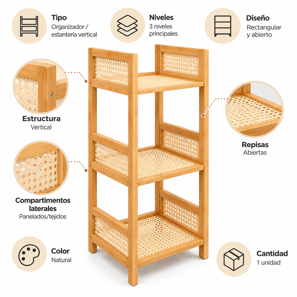 Organizador Vertical de 3 Niveles con Repisas y Compartimentos para Baño, Dormitorio y Hogar