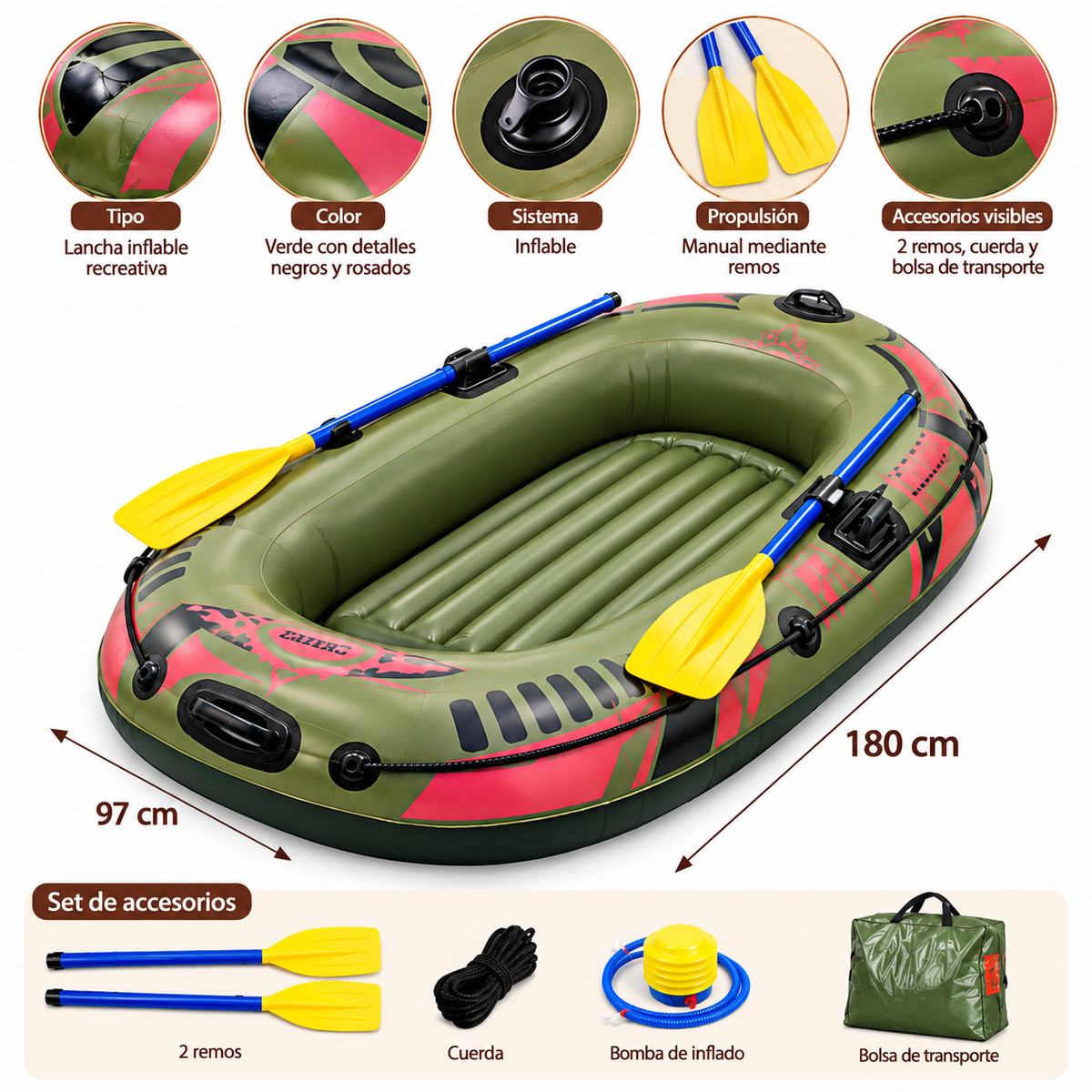 Lancha Inflable Recreativa 180 x 97 cm con Remos, Bomba de Aire y Accesorios
