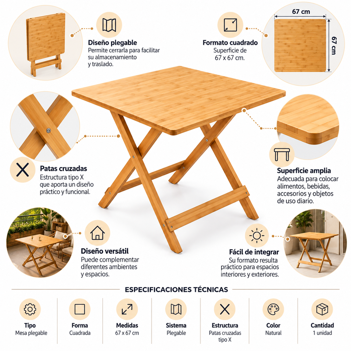 Mesa Plegable 67 x 67 cm con Patas Cruzadas para Terraza, Jardín, Balcón y Exterior