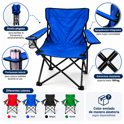 Silla Plegable de Camping con Portavasos y Apoyabrazos para Exterior Color Aleatorio