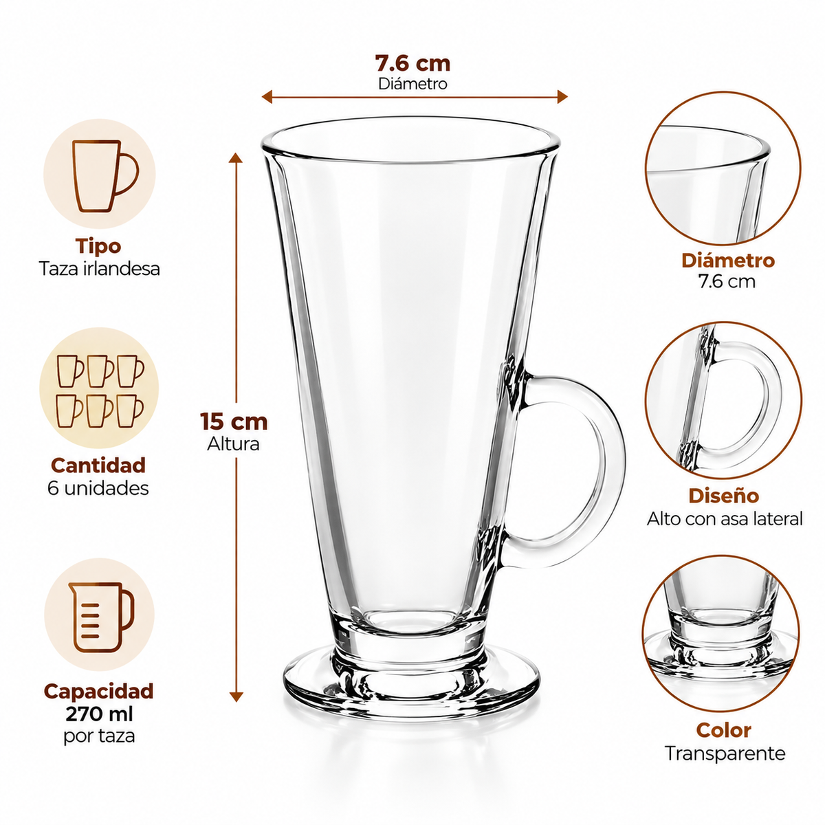 Set x6 Tazas Irlandesas para Café 270 ml con Asa 15 x 7.6 cm para Bebidas Calientes