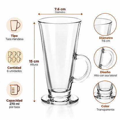 Set x6 Tazas Irlandesas para Café 270 ml con Asa 15 x 7.6 cm para Bebidas Calientes