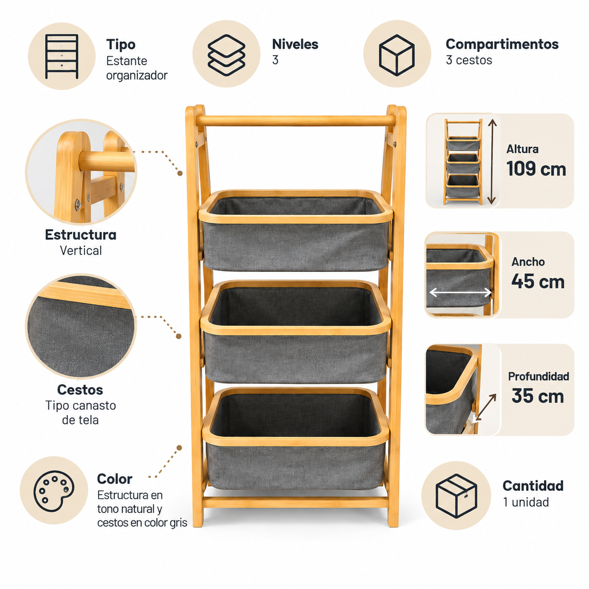 Organizador de 3 Niveles con Cestos de Tela 45 x 35 x 109 cm para Ropa, Juguetes y Hogar