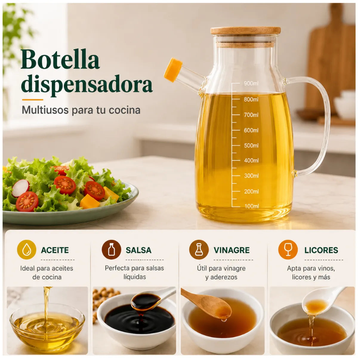 Jarra Aceitero de Vidrio 900 ml con Dispensador