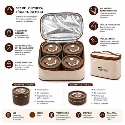 Pack x4 Lonchera Térmica con Recipientes de Acero Inoxidable Color Marrón