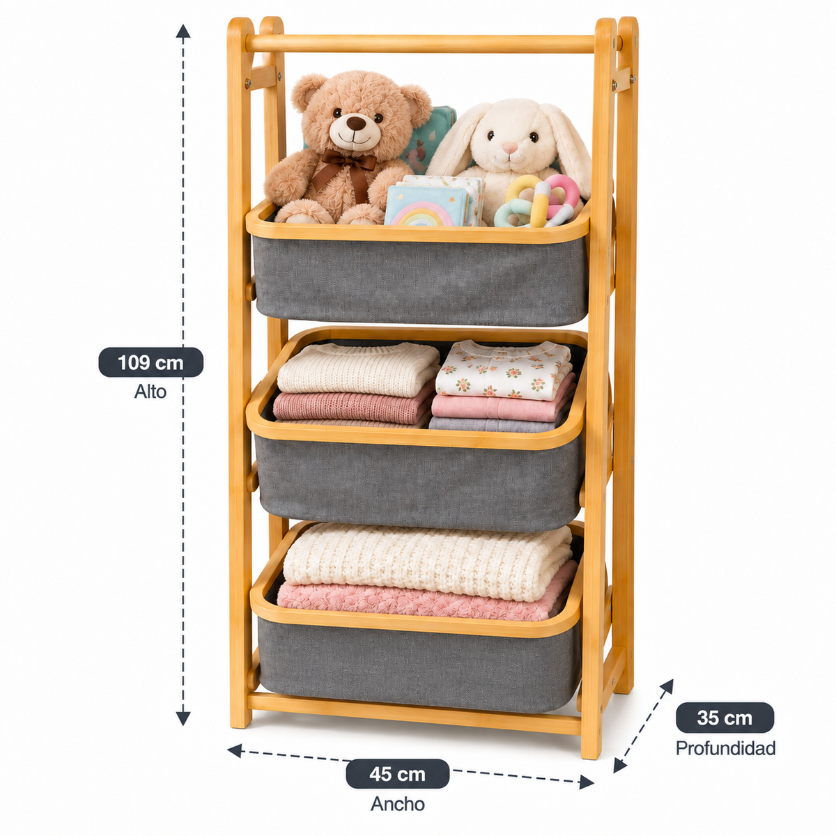 Organizador de 3 Niveles con Cestos de Tela 45 x 35 x 109 cm para Ropa, Juguetes y Hogar