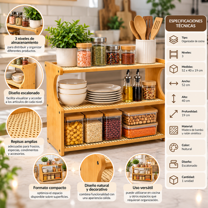Organizador de Cocina de 3 Niveles 52 x 40 x 19 cm para Especias, Frascos y Accesorios