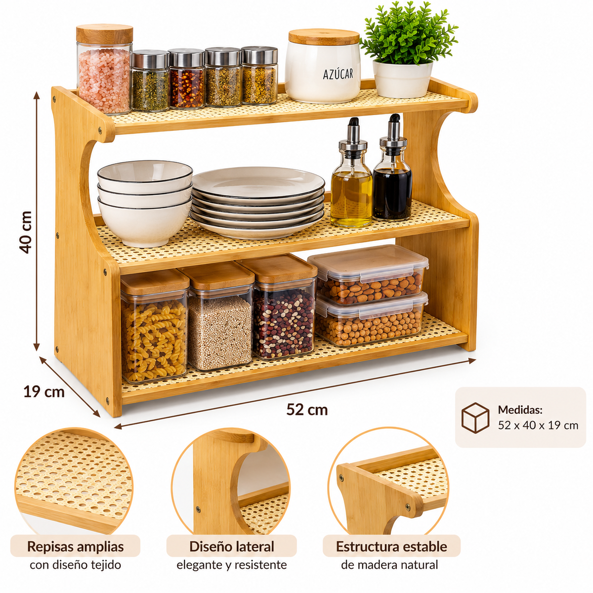 Organizador de Cocina de 3 Niveles 52 x 40 x 19 cm para Especias, Frascos y Accesorios