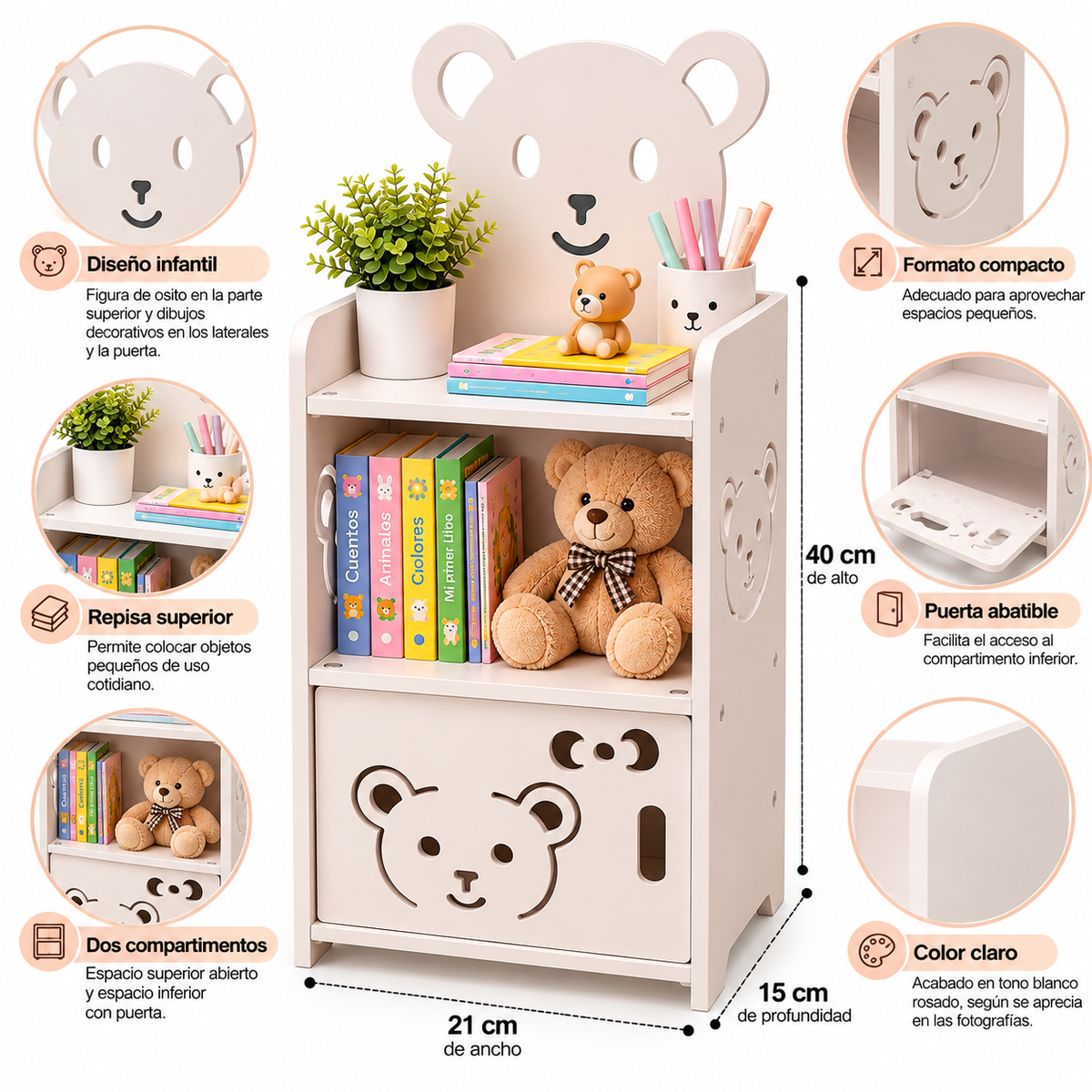 Mueble Organizador Infantil con Repisa y Puerta Decorada de Osito 40 cm para Dormitorio