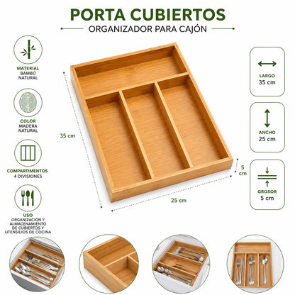 Porta Cubiertos de Bambú Organizador de Cubiertos Cocina Comedor