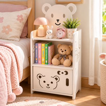 Mueble Organizador Infantil con Repisa y Puerta Decorada de Osito 40 cm para Dormitorio