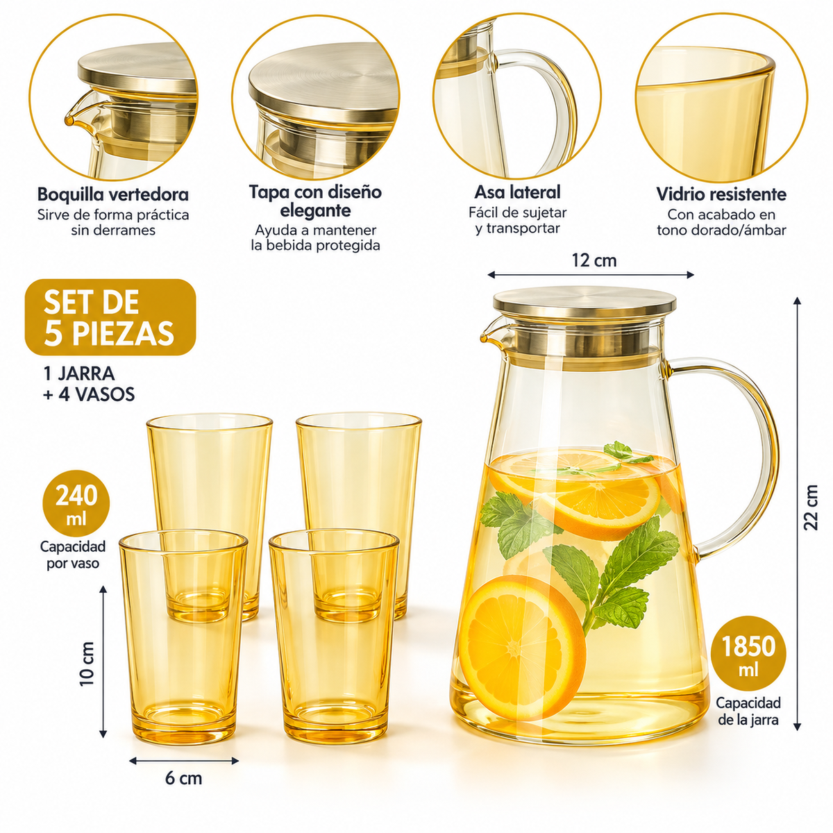Set x5 Jarra con 4 Vasos 1850 ml para Agua, Jugos y Bebidas Frías