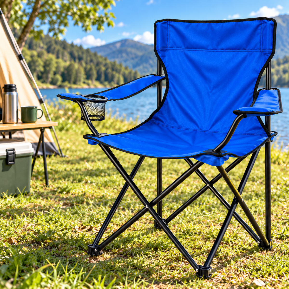 Silla Plegable de Camping con Portavasos y Apoyabrazos para Exterior Color Aleatorio