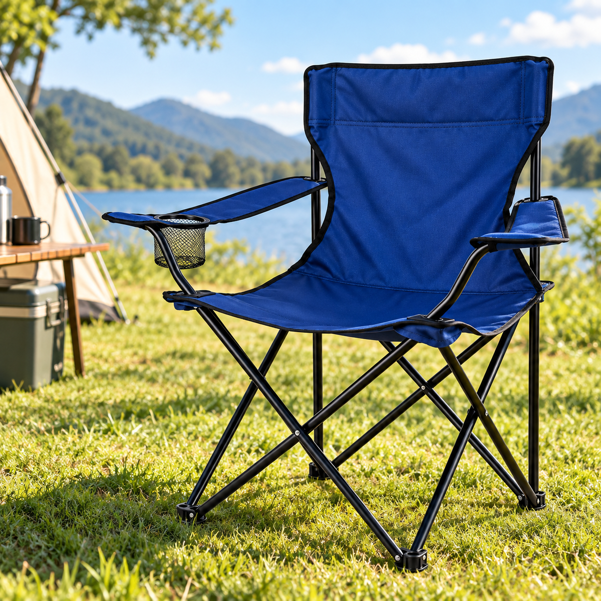 Silla Plegable de Camping con Portavasos y Apoyabrazos para Exterior Color Aleatorio