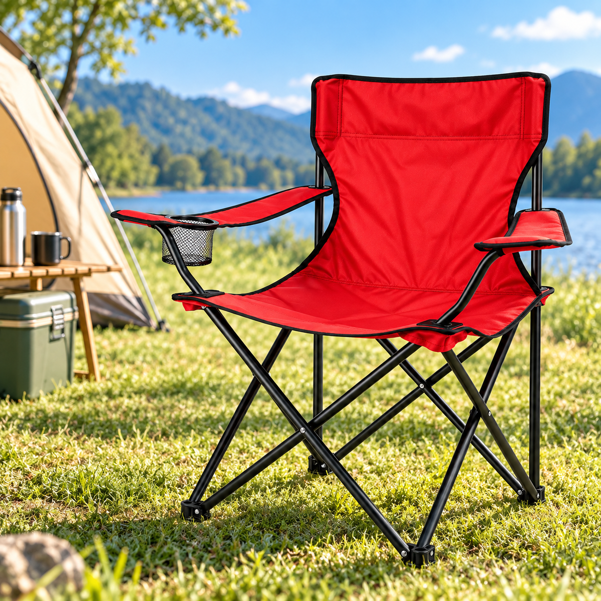 Silla Plegable de Camping con Portavasos y Apoyabrazos para Exterior Color Aleatorio