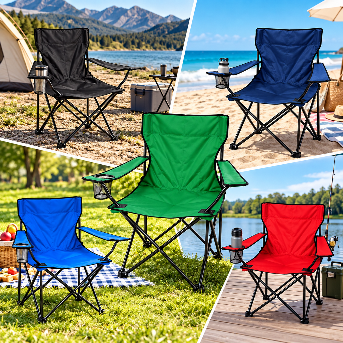 Silla Plegable de Camping con Portavasos y Apoyabrazos para Exterior Color Aleatorio