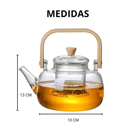 Tetera de Vidrio con Infusor y Asa de Bambú 900 ml para Té e Infusiones