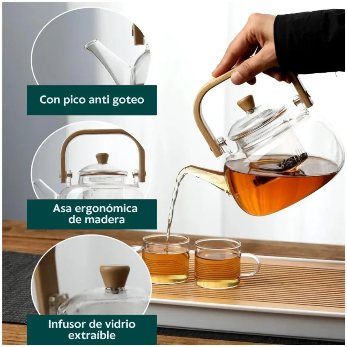 Tetera de Vidrio con Infusor y Asa de Bambú 900 ml para Té e Infusiones