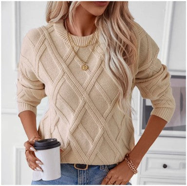 Chompa Tejida Mujer Cuello Redondo Manga Larga Beige