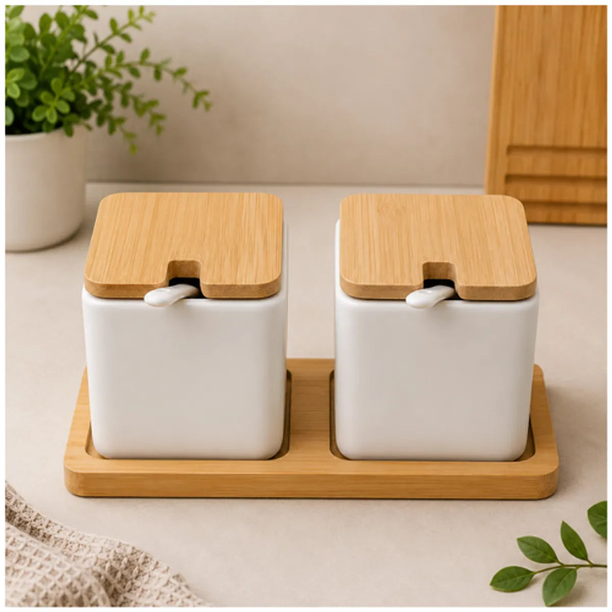 Condimenteros de Cerámica con Base de Bambú Cocina Set x2
