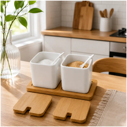 Condimenteros de Cerámica con Base de Bambú Cocina Set x2