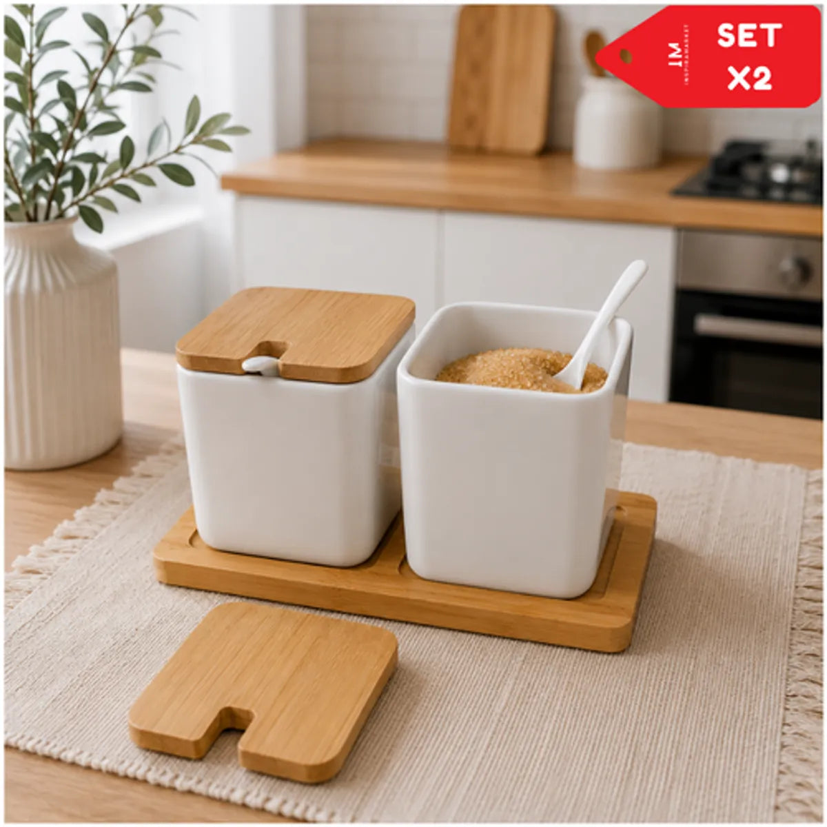Condimenteros de Cerámica con Base de Bambú Cocina Set x2