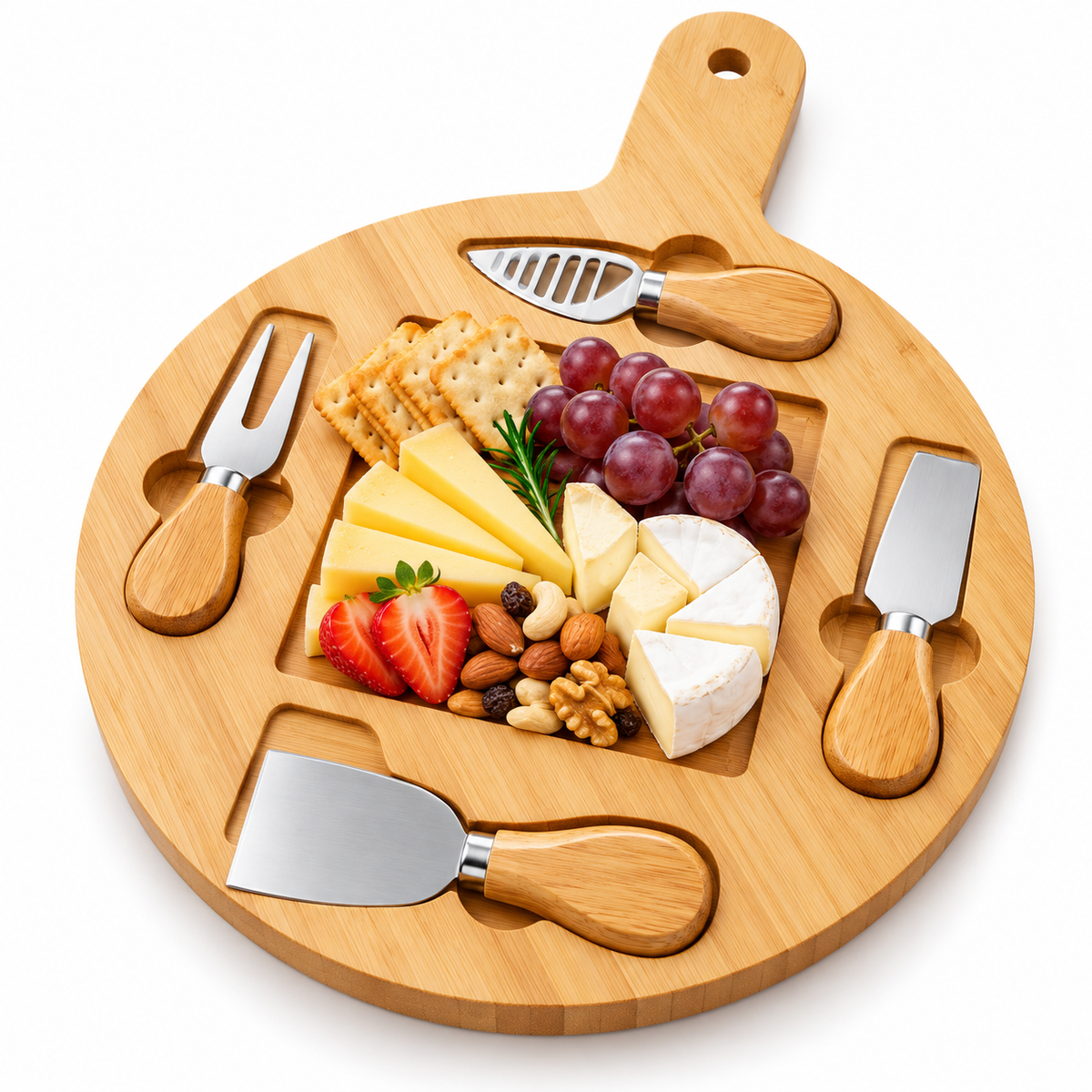 Tabla para Quesos y Aperitivos 28 cm con 4 Accesorios para Servir y Compartir