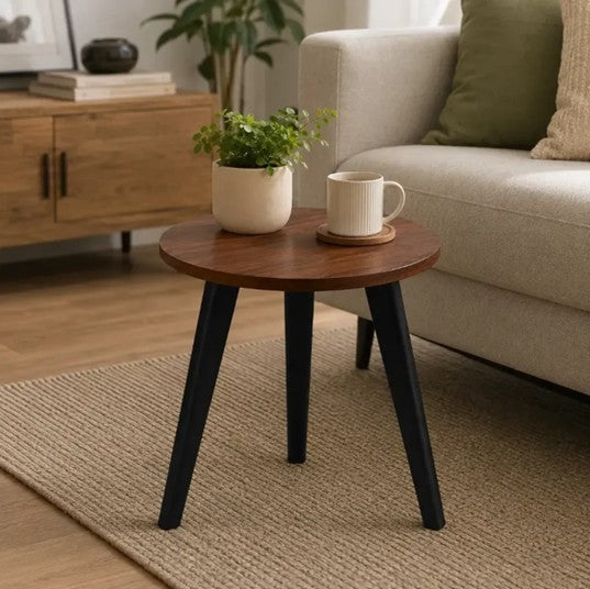 Mesa Auxiliar Redonda Moderna 40 cm Madera Nogal con Patas Negras para Sala Dormitorio