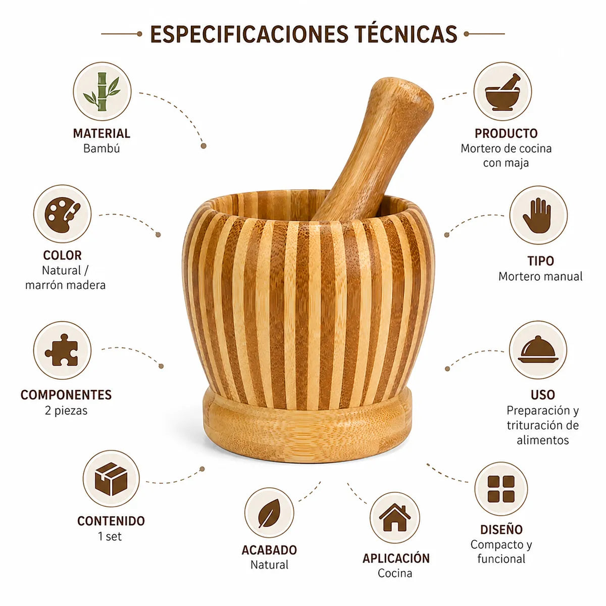 Mortero de Bambú con Maja para Cocina, Especias, Hierbas y Condimentos