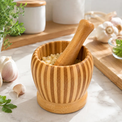 Mortero de Bambú con Maja para Cocina, Especias, Hierbas y Condimentos