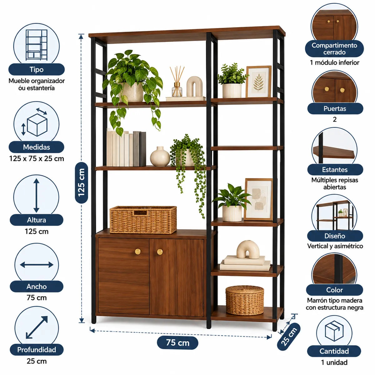 Mueble Organizador de 5 Niveles con Estantes y 2 Puertas 125 x 75 x 25 cm para Hogar